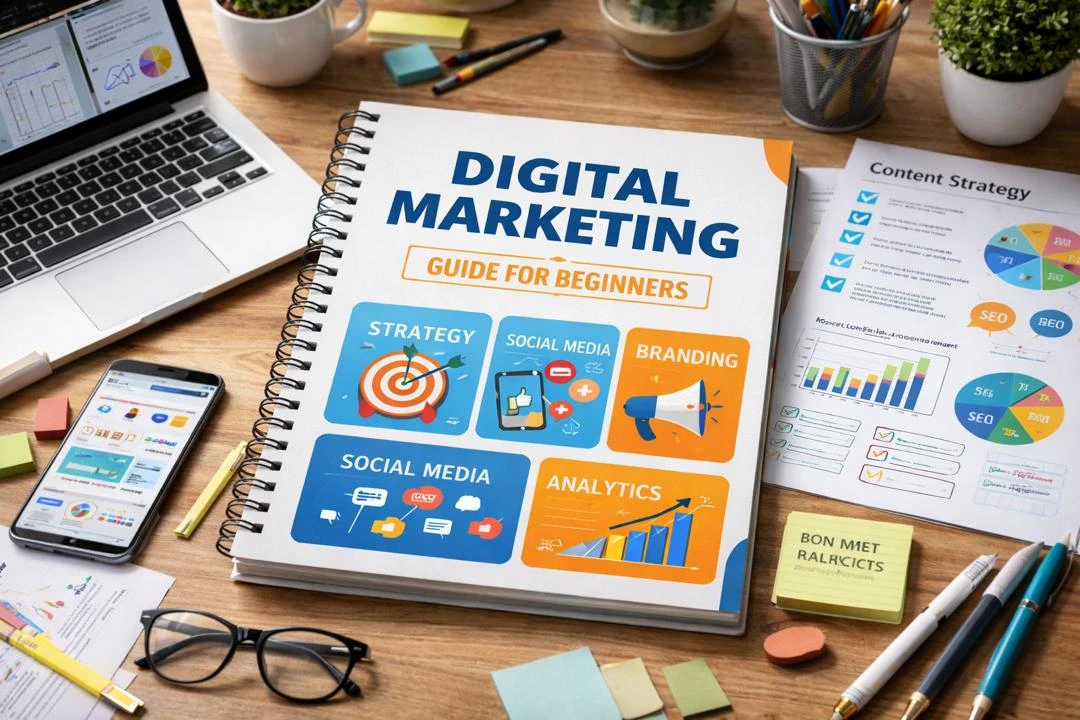 Beginner digital marketing guide showing strategy, social media marketing, branding, and online marketing basics